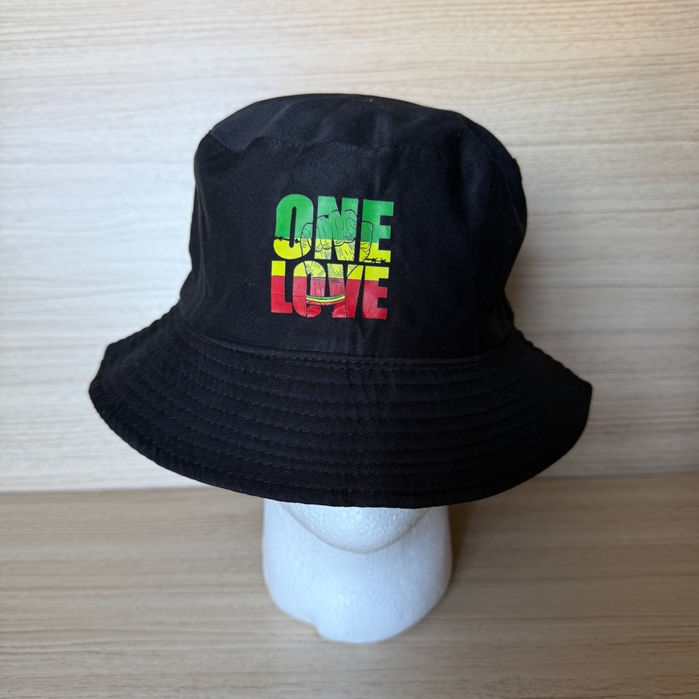 Black Bucket Hat with One Love Design